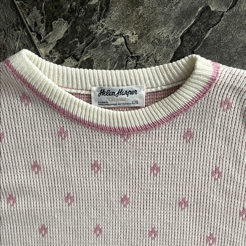 Vintage HELEN HARPER 🇨🇦 Pink White Patterned Sweater Cottagecore Coastal Grandma - Picture 3 of 9